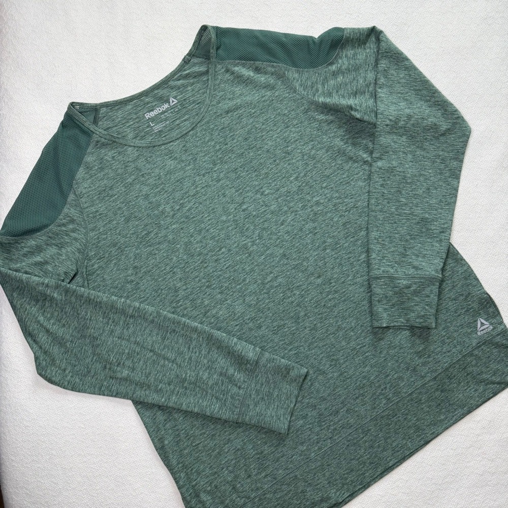 Reebok Womens Green Heathered Mesh Shoulder Long Sleeve Activewear Top Large